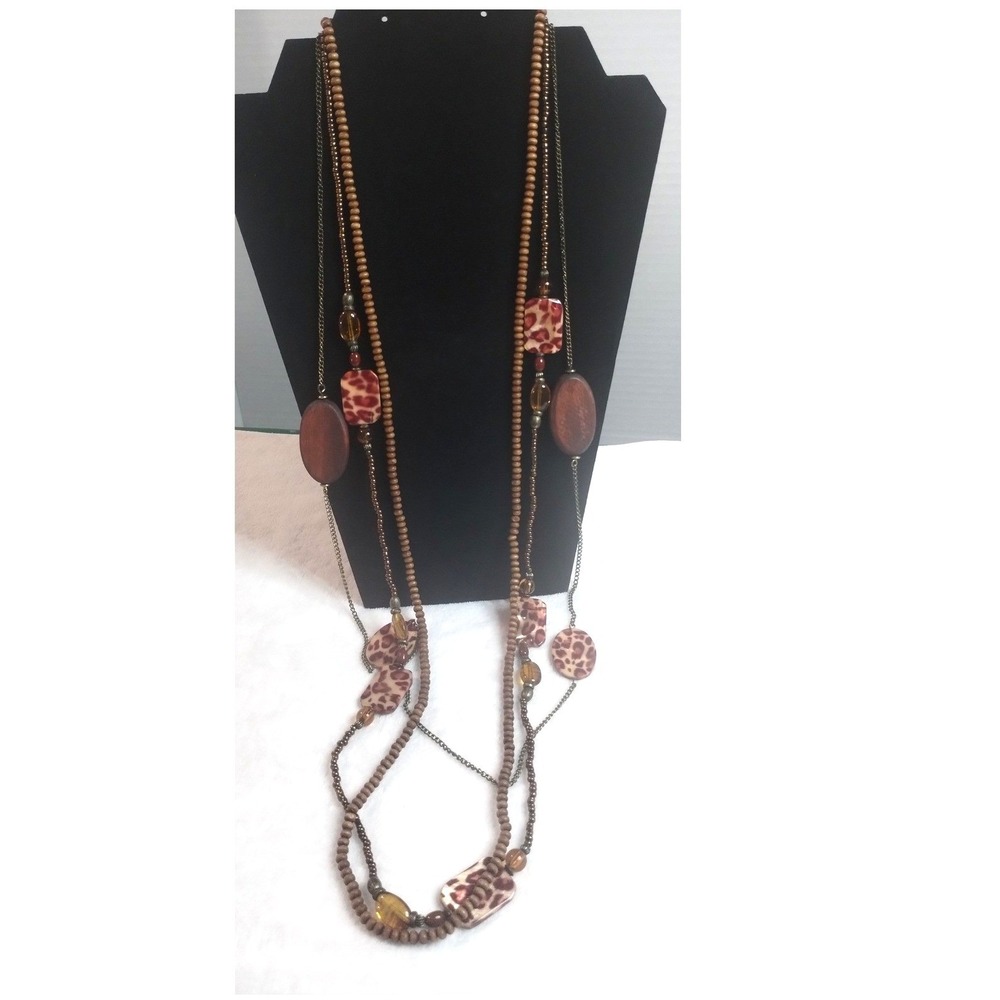Boho Multi Strand Beaded Layered Necklace Wood Animal Print Leopard Brown Long